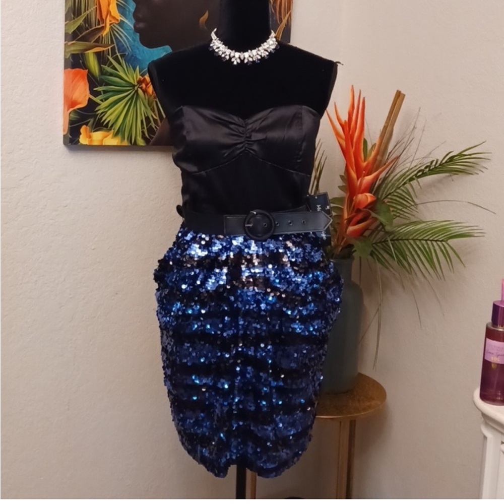 Black Satin Top with Blue Sequin Dress